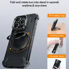 - Robust portable phone stand with 360-degree rotating ring and foldable design for hands-free use.