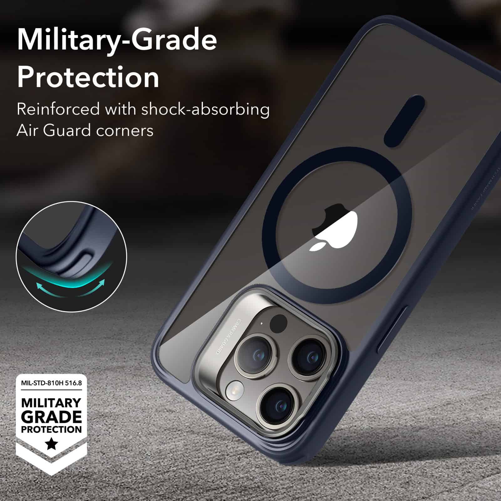 Shockproof military-grade phone case with reinforced air guard corners for maximum protection. Perfect for secure, durable smartphone handling and safeguarding against drops and impacts.