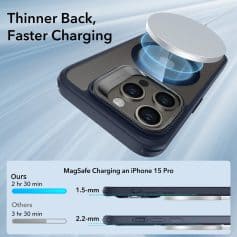 Fast wireless charging for iPhone 15 Pro with MagSafe, featuring a thinner back for faster power transfer and quick charging efficiency.