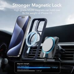 High-grade magnetic phone holder with strong magnetic lock and high compatibility for smartphones, suitable for car dashboards and wireless charging accessories.