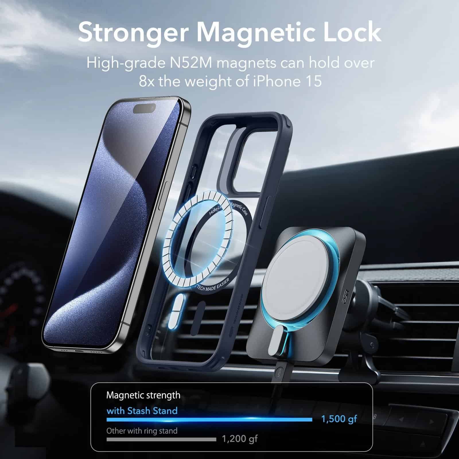 High-grade magnetic phone holder with strong magnetic lock and high compatibility for smartphones, suitable for car dashboards and wireless charging accessories.