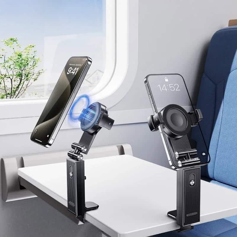 Wireless phone mounts on airplane tray table for secure device holding during flight. Conveniently holds smartphones and keeps them accessible while traveling. Perfect for in-flight entertainment and hands-free use.