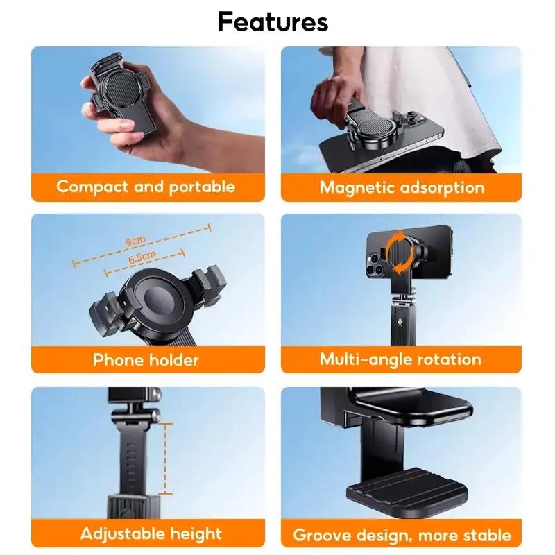 Camera grip with magnetic attachment for smartphones, compact and portable design, suitable for photography and vlogging.