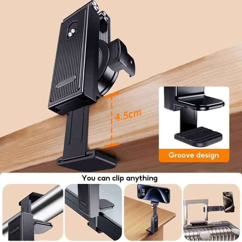 Clips onto a wooden surface for secure mounting, suitable for various gadgets; 4.5cm height clearance, groove design for stability, compatible with cameras, smartphones, and accessories, ideal for organizing tech devices.