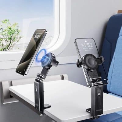 Versatile phone holders for airplanes with wireless charging and secure grip, ideal for travel and in-flight use.