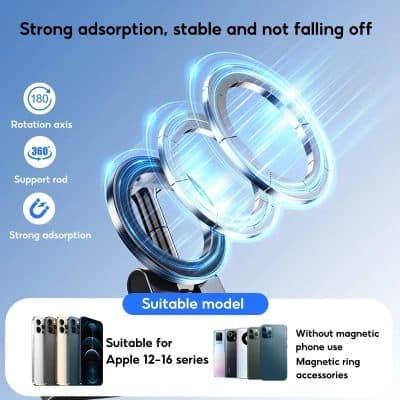 High-quality magnetic phone ring holder for Apple iPhone 12-16 series with strong grip, 360-degree support, and rotating support rod. Compatible with magnetic ring accessories, stable and durable.