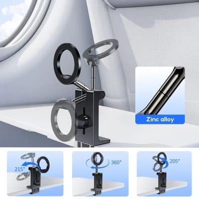 Adjustable tablet holder for car backseat, zinc alloy material, versatile mounting angles 215°, 360°, 205° for secure device positioning during travel, ideal for in-car entertainment and navigation.