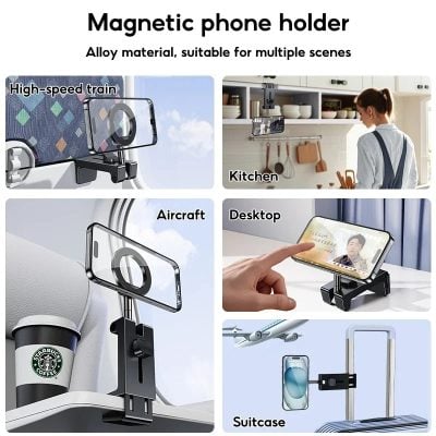 Magnetic phone holder for versatile use, made of durable alloy material suitable for kitchen, airplane, desktop, suitcase, and high-speed train environments.