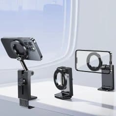 Phone camera ring light mount for iPhone and Android devices, adjustable tripod stand for photography accessories, sleek black smartphone holder for professional or personal use.