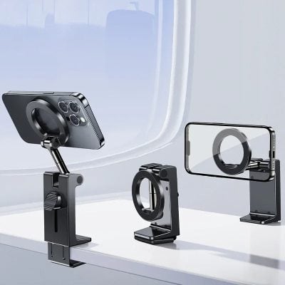 Phone camera ring light mount for iPhone and Android devices, adjustable tripod stand for photography accessories, sleek black smartphone holder for professional or personal use.