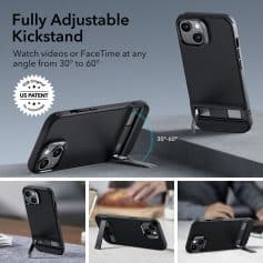 - A fully adjustable black smartphone kickstand case with a textured surface, designed for hands-free video calls and FaceTime at angles from 30° to 60°.