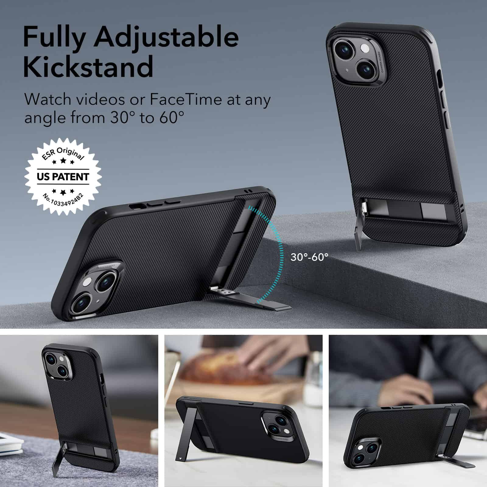- A fully adjustable black smartphone kickstand case with a textured surface, designed for hands-free video calls and FaceTime at angles from 30° to 60°.
