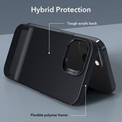 Flexible polymer frame smartphone with hybrid protection, tough acrylic back, and camera guard, designed for durability and stylish look.