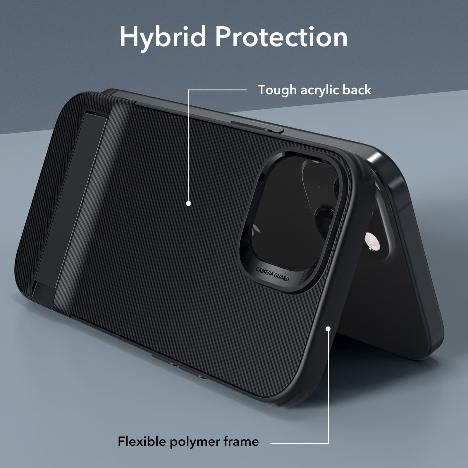 Flexible polymer frame smartphone with hybrid protection, tough acrylic back, and camera guard, designed for durability and stylish look.