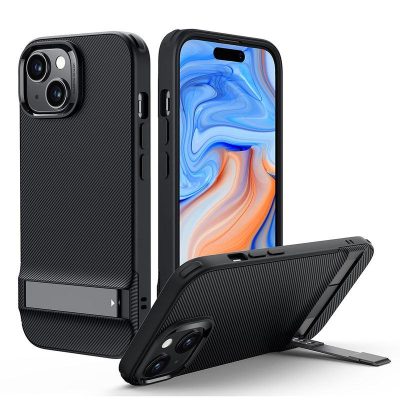 Durable black phone case with built-in kickstand for enhanced protection and convenience for iPhone. Perfect for everyday use, offering style and functionality for mobile protection.