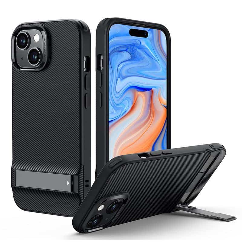 Durable black phone case with built-in kickstand for enhanced protection and convenience for iPhone. Perfect for everyday use, offering style and functionality for mobile protection.