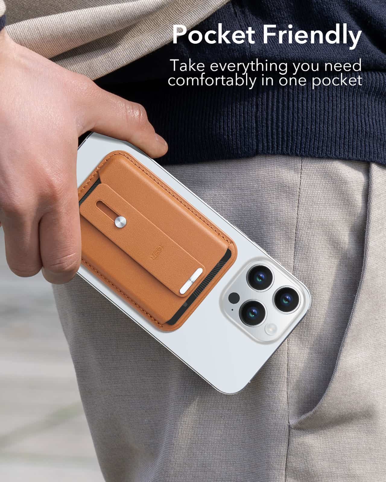 Slim tan leather cardholder attached to smartphone, holding cards, designed for convenience and portability.