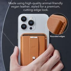 Luxurious vegan leather phone case with rounded edges, designed for a premium, stylish look, compatible with smartphone models, made from eco-friendly, high-quality animal-free materials.