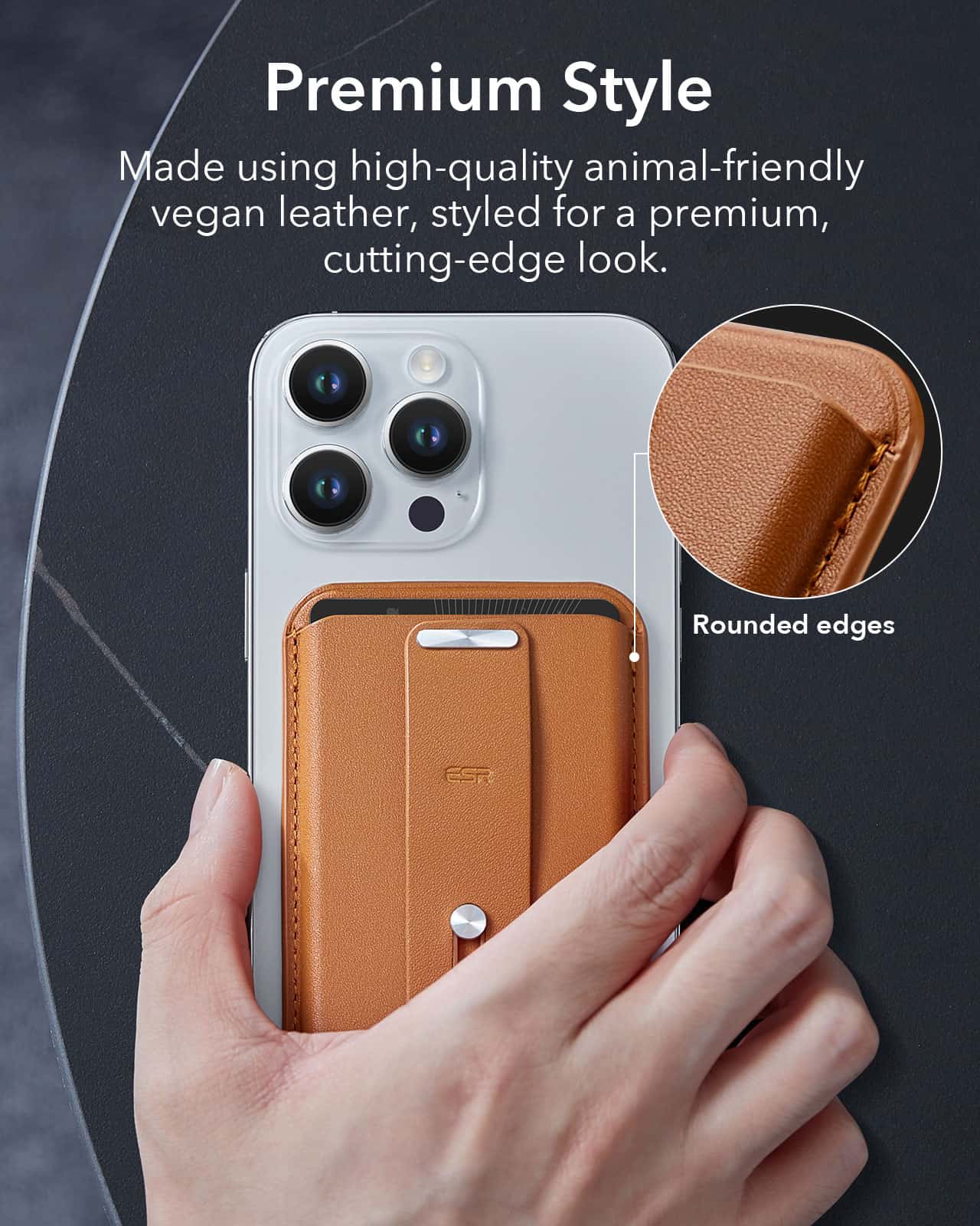 Luxurious vegan leather phone case with rounded edges, designed for a premium, stylish look, compatible with smartphone models, made from eco-friendly, high-quality animal-free materials.