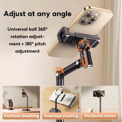 Flexible phone holder, perfect for adjustable viewing angles, ideal for content creators and remote work, compatible with various devices including iPhone and Android smartphones.