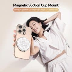Magnetic suction cup phone mount for smartphones, featuring strong magnetism, compact design, and easy installation, ideal for hands-free use and secure device holding.