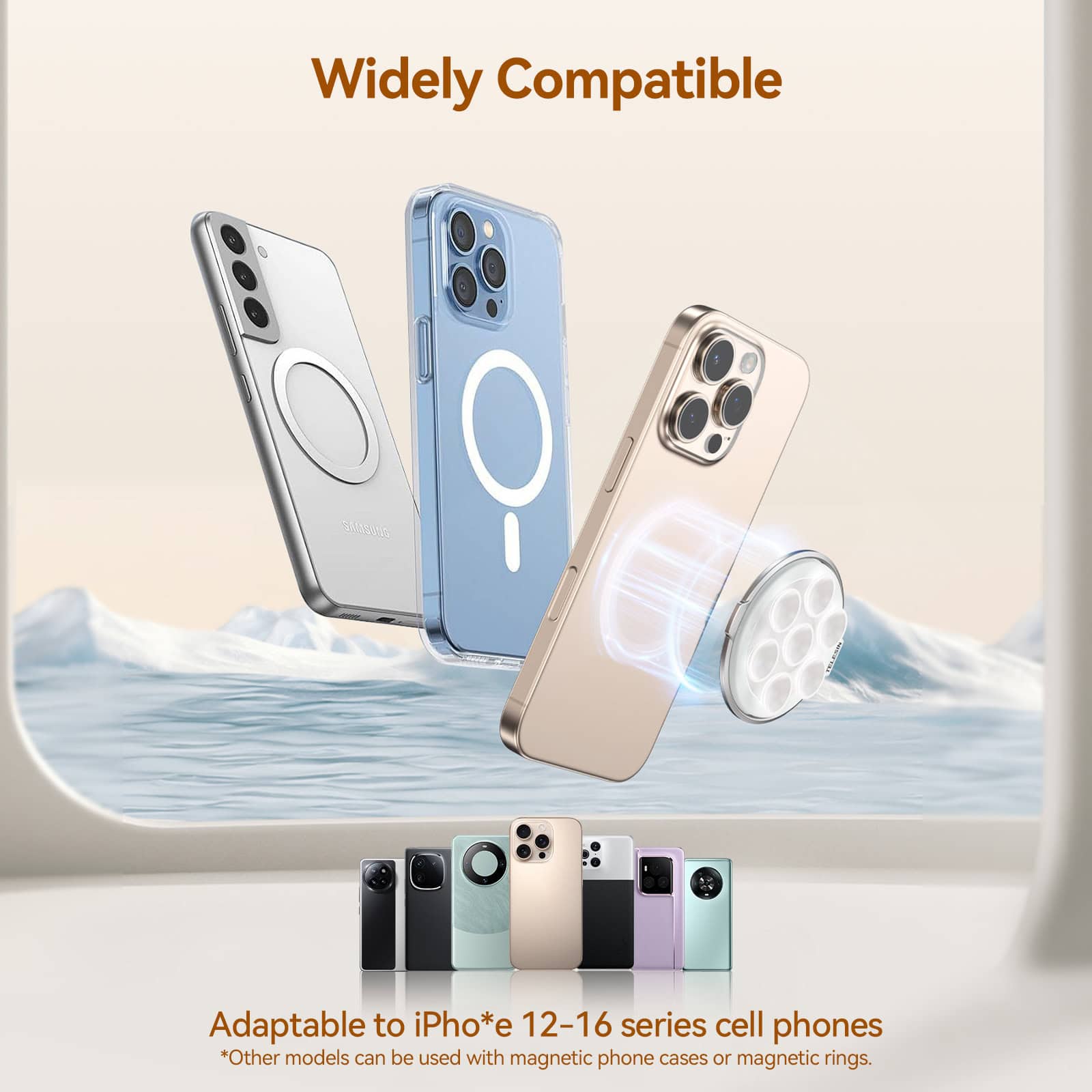 Wireless magnetic phone grip holder for iPhone 12-16 series compatible with Monalisa Medical store products.