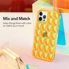 Yellow iridescent luxury phone case with geometric pattern for iPhone 13 Pro, vibrant and stylish accessory for customizable phone protection and aesthetic appeal.