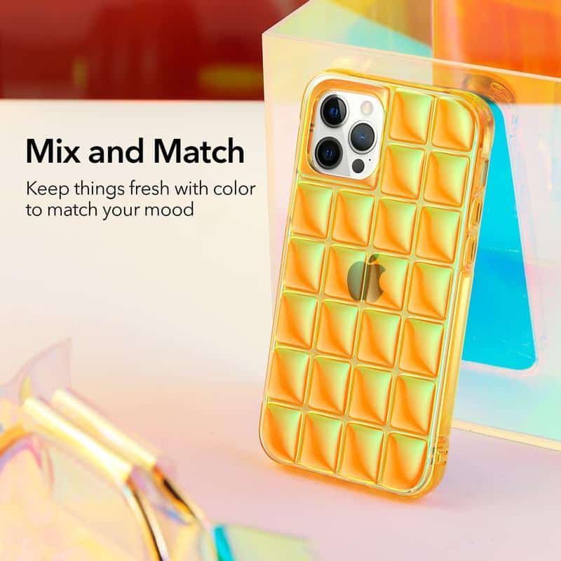 Yellow iridescent luxury phone case with geometric pattern for iPhone 13 Pro, vibrant and stylish accessory for customizable phone protection and aesthetic appeal.