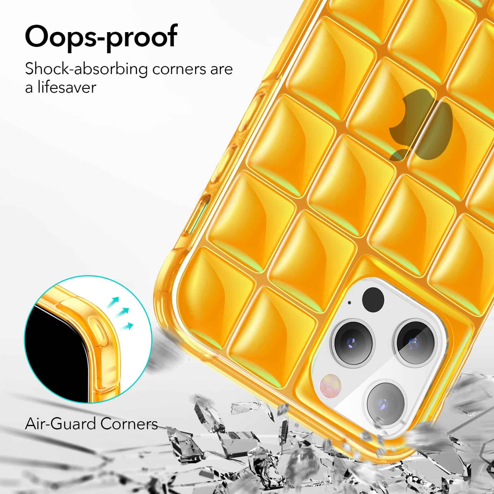 Shockproof yellow phone case with air-guard corners, designed for durability and protection, ideal for safeguarding smartphones against drops and impacts.
