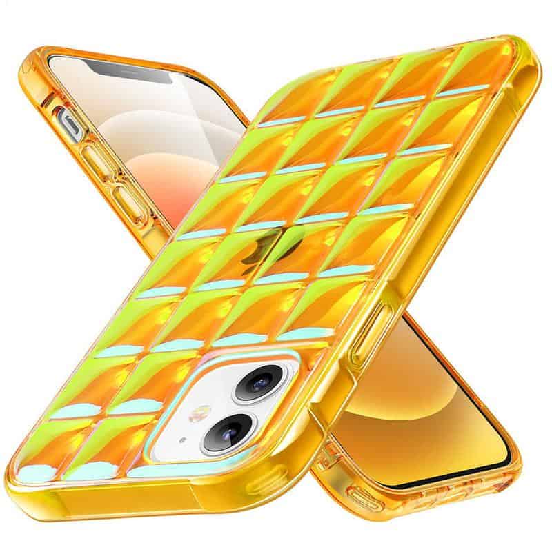 Elegant yellow-orange smartphone case with a colorful, geometric pattern designed for iPhone, offering stylish protection and easy access to device features. Perfect for fashion-forward tech lovers.