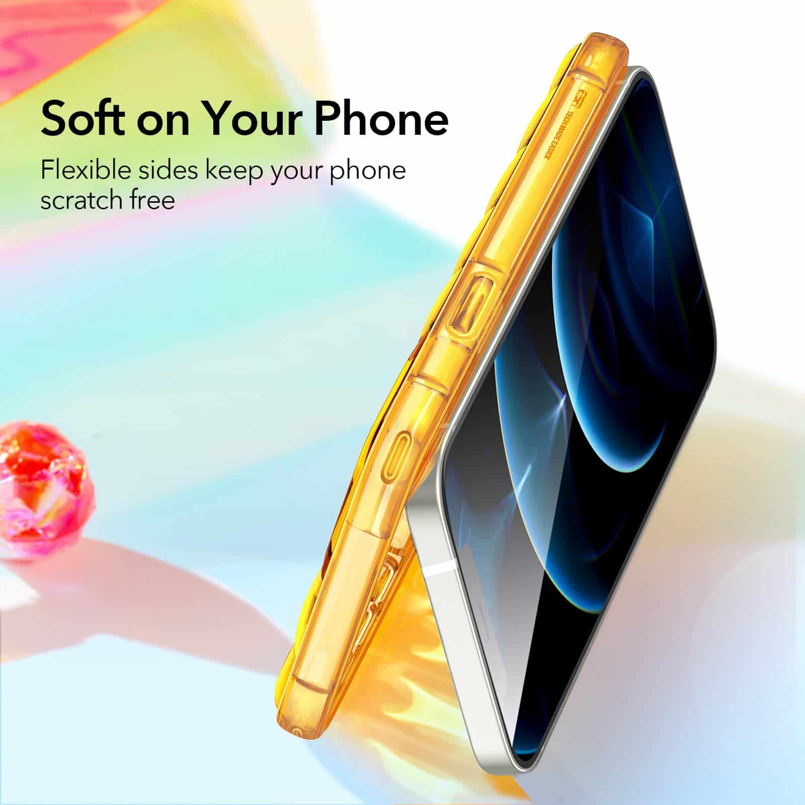 Clear and vibrant image of a smartphone with a yellow protective case, highlighting durable, scratch-resistant phone accessories for enhanced device protection.