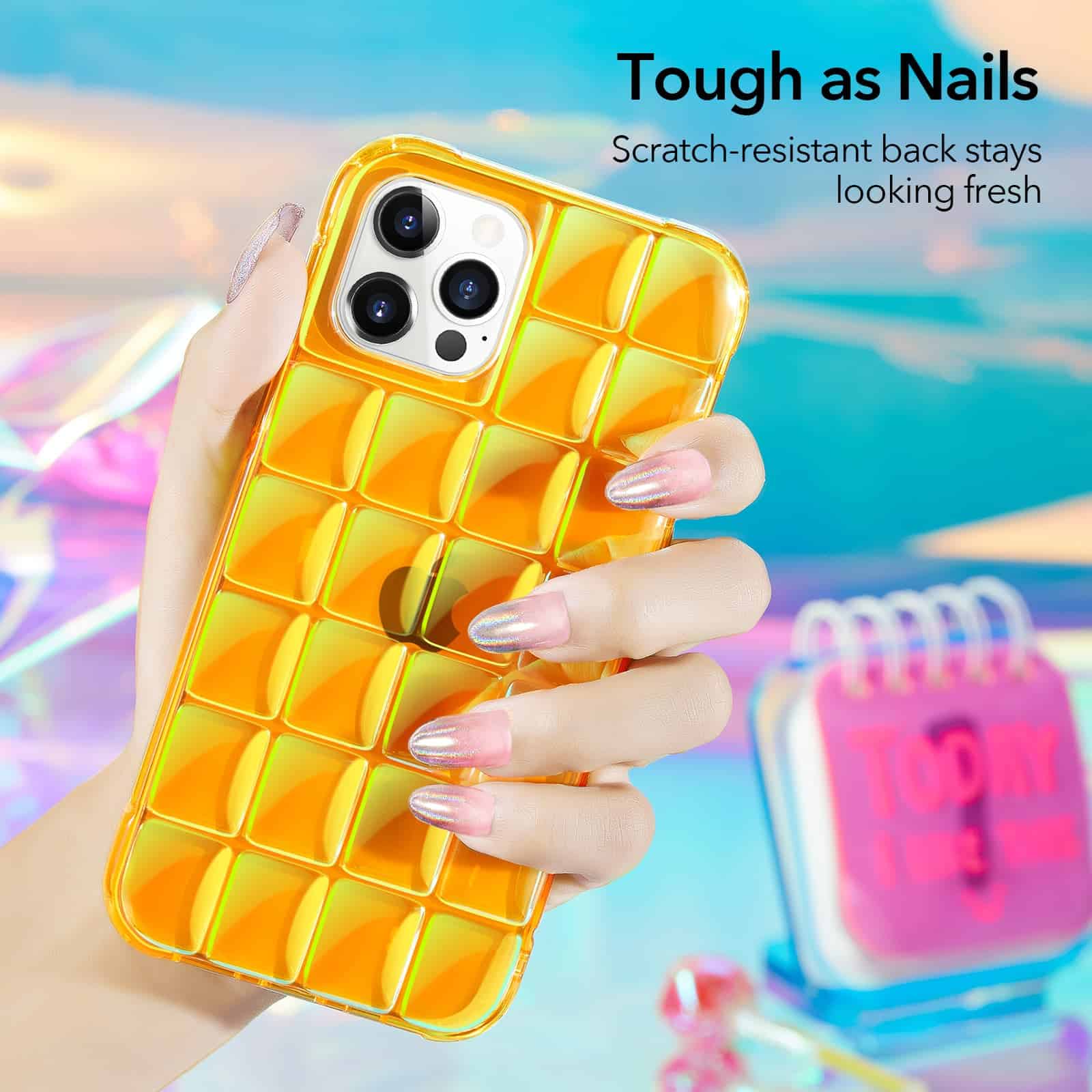 Vibrant yellow phone case with a geometric pattern, highlighting durability and style for tech accessories.