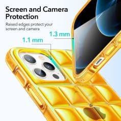Shiny gold phone with protective screen and camera edges, showcasing raised beveled borders for screen and camera safety, perfect for modern mobile device protection.