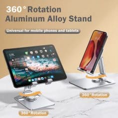 360-degree rotating aluminum alloy stand for mobile phones and tablets, offering versatile support for iPhones and Android devices, perfect for home or office use.
