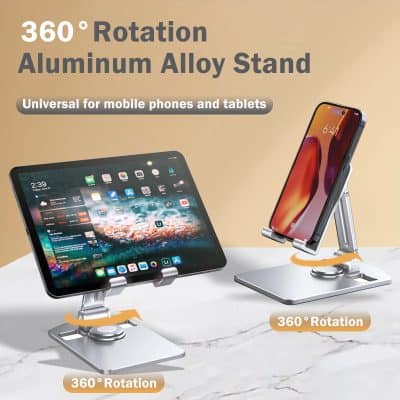 360-degree rotating aluminum alloy stand for mobile phones and tablets, offering versatile support for iPhones and Android devices, perfect for home or office use.