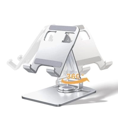 Adjustable mobile phone holder with 360-degree rotatable stand for hands-free viewing and ergonomic workspace setup for optometry and eyewear professionals.