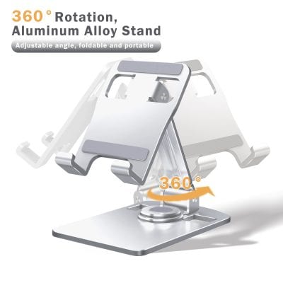 Adjustable universal phone holder stand with 360-degree rotation, aluminum alloy material, foldable design, ideal for use in optical stores, eyewear displays, and mobile device mounting solutions.
