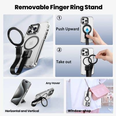 Black removable finger ring stand for iPhone, provides support and convenience, attachable and detachable easily, perfect for selfies, video calls, and hands-free viewing.