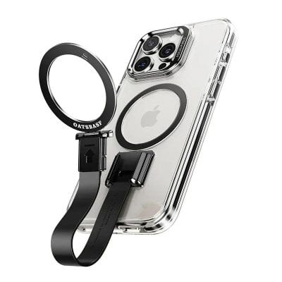 Wireless MagSafe charger and phone mount for iPhone 13 in clear transparent case.