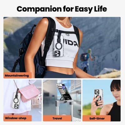 Smartphone holder with adjustable wrist strap for travel, shopping, and mountaineering, designed for secure phone carrying and accessibility.