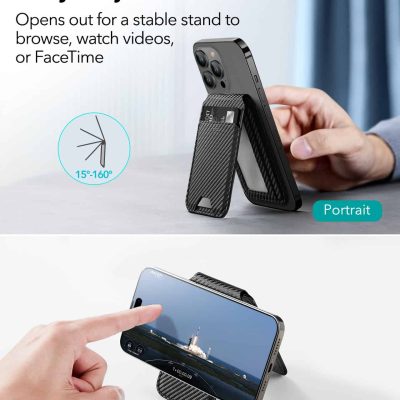 Carbon fiber phone stand with adjustable angle for portrait and landscape modes, compatible with iPhone and Android devices, perfect for hands-free viewing and video calls.
