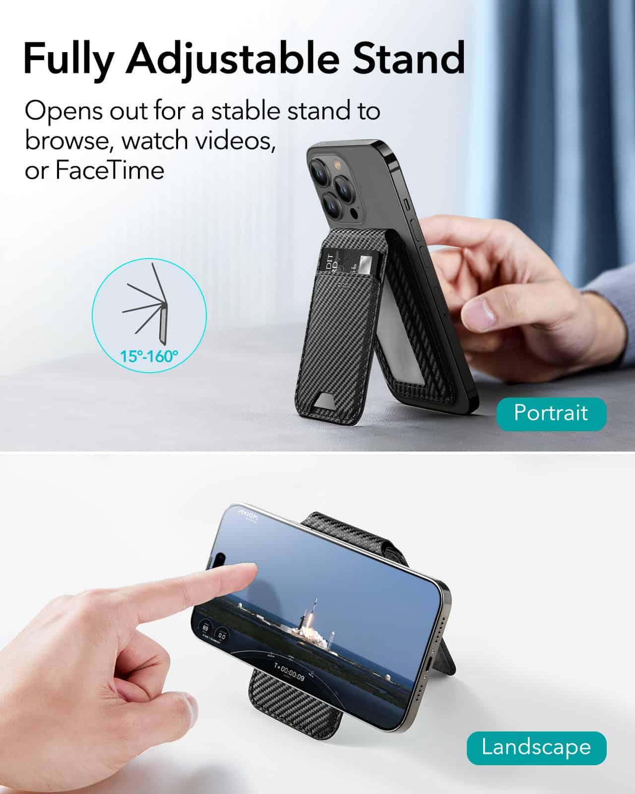 Carbon fiber phone stand with adjustable angle for portrait and landscape modes, compatible with iPhone and Android devices, perfect for hands-free viewing and video calls.