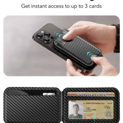 Carbon fiber smart card holder for identification and cards, compact design, ID window for easy access, perfect for men and women, stylish storage solution for keycards and driver's licenses.