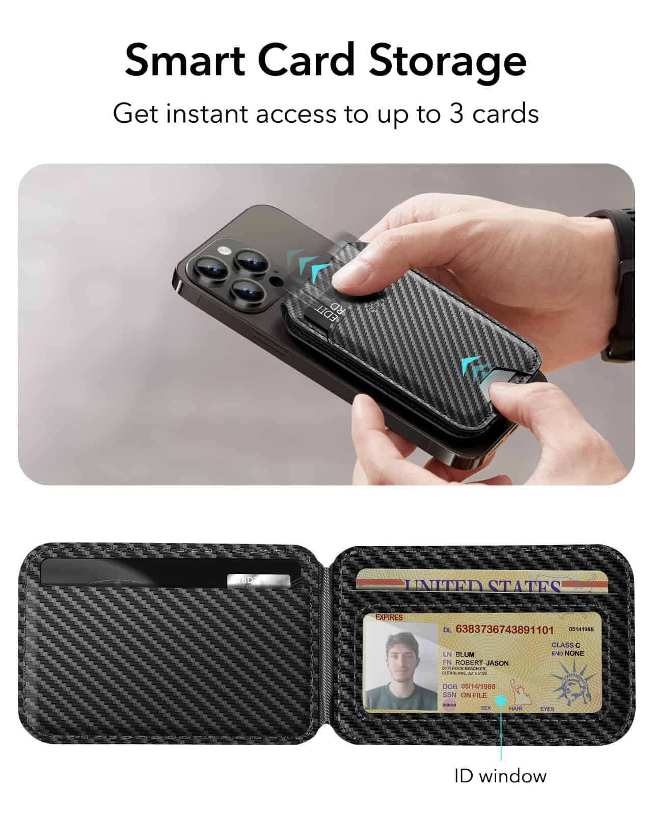 Carbon fiber smart card holder for identification and cards, compact design, ID window for easy access, perfect for men and women, stylish storage solution for keycards and driver's licenses.