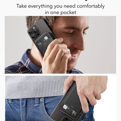 Slim black smartphone with a carbon fiber wallet case, showing pocket-friendly design for easy carry and convenience.