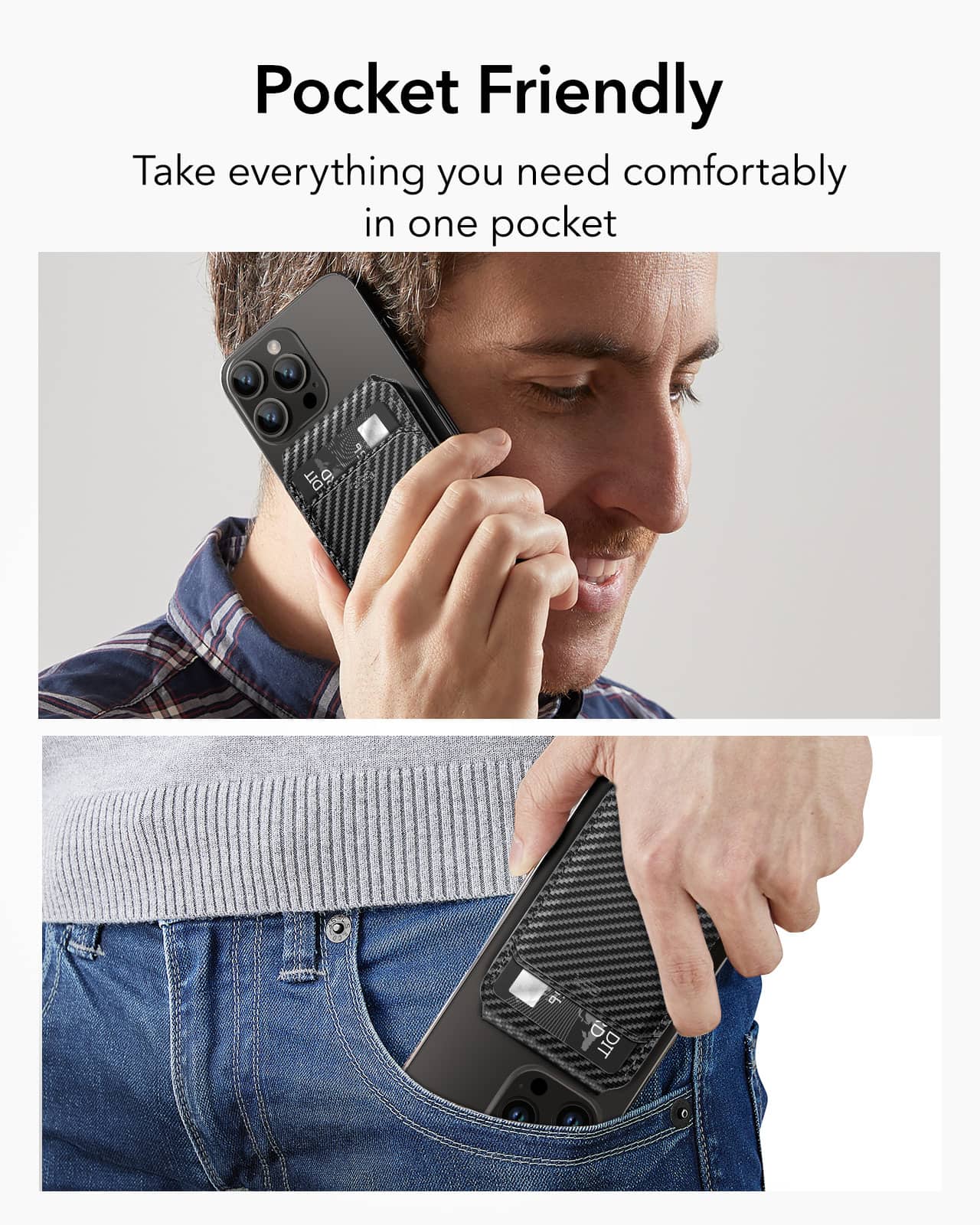 Slim black smartphone with a carbon fiber wallet case, showing pocket-friendly design for easy carry and convenience.