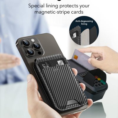 Protective magnetic card holder for smartphones with anti-degaussing lining, designed to securely hold credit cards and magnetic stripe cards, compatible with iPhone 13, 14, and 15 models at Monalisa Store.