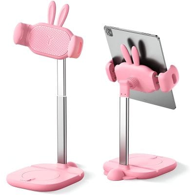 Cute pink bunny-shaped phone holder with adjustable stand and anti-slip base, perfect for kids' smartphones and tablets.