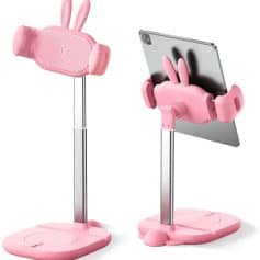 Pink phone holder stand for kids, dinosaur tabletop stand with bunny ears, adjustable height mobile holder for smartphones, cute ergonomic design for children, Monalisa Store opt.