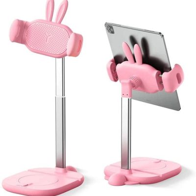 Pink phone holder stand for kids, dinosaur tabletop stand with bunny ears, adjustable height mobile holder for smartphones, cute ergonomic design for children, Monalisa Store opt.